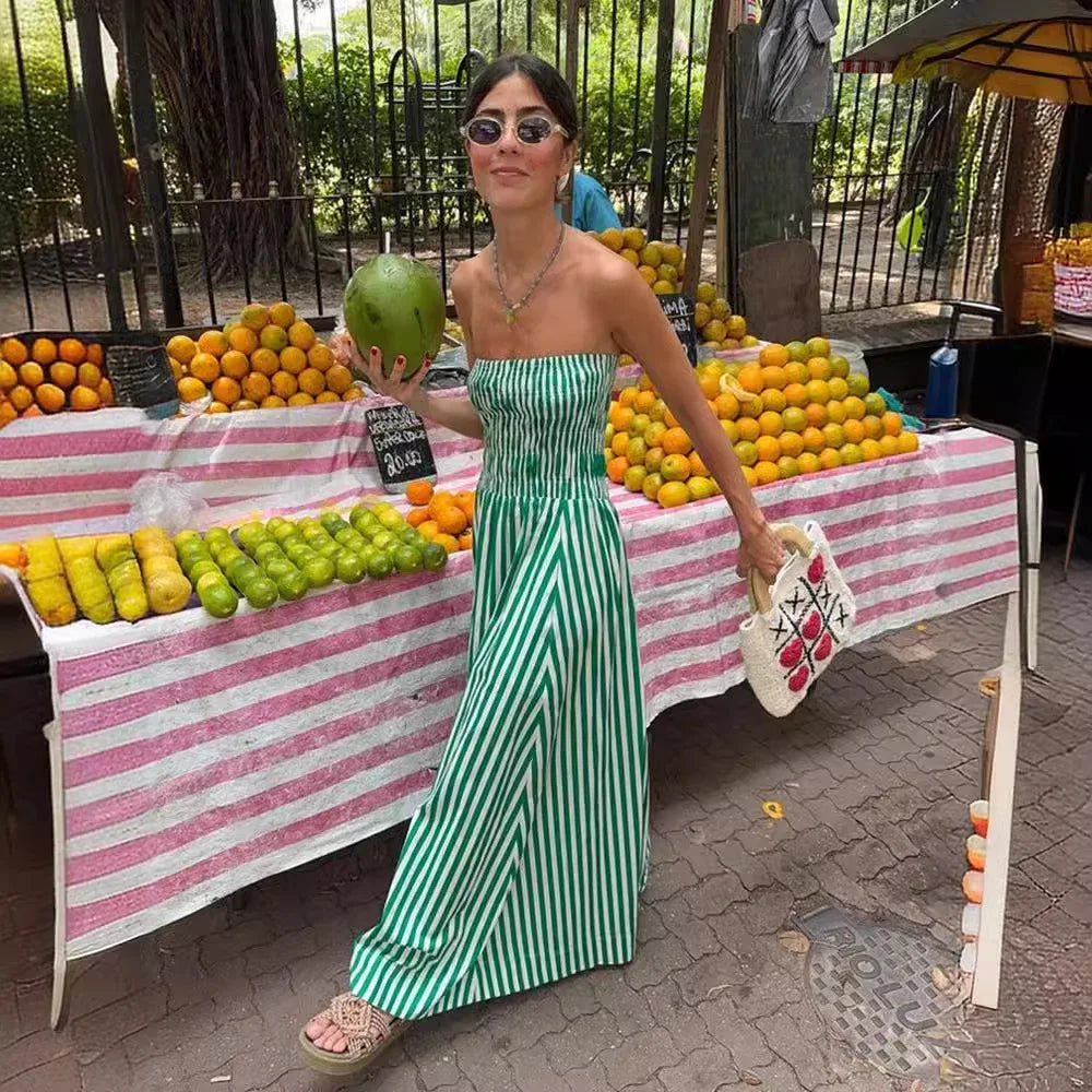 Women's Sporty Chic Clothes Green Striped Strapless Sexy Slim Beach Casual Maxi Dress Women's Sporty Chic Clothes Green Striped Strapless Sexy Slim Beach Casual Maxi Dress
