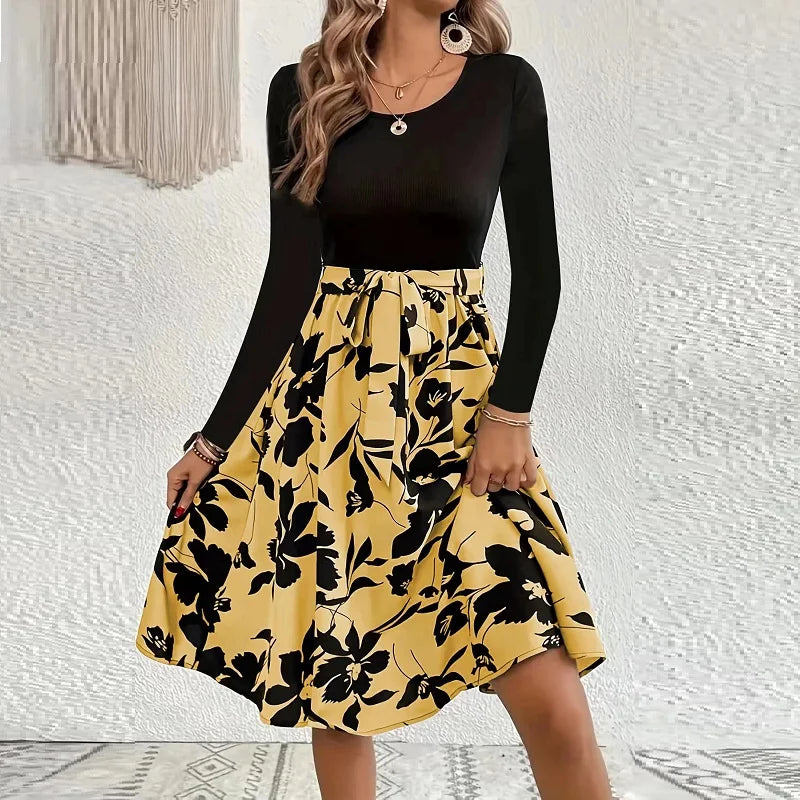 Comfortable Women's Clothing Skinny Elastic High Waisted Floral Print Full Sleeve A-line Midi Dress Comfortable Women's Clothing Skinny Elastic High Waisted Floral Print Full Sleeve A-line Midi Dress