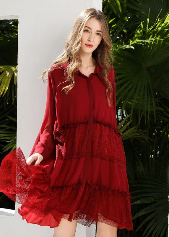 Best Clearance Sales Right Now Red Patchwork Lace Chiffon Shirt Dress Ruffled Exra Large Hem Spring