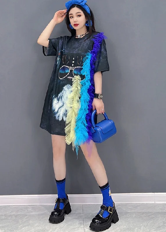Women's Casual Wear Clothing Women Black Asymmetrical Design Tulle Patchwork Print Dress Short Sleeve Women's Casual Wear Clothing Women Black Asymmetrical Design Tulle Patchwork Print Dress Short Sleeve