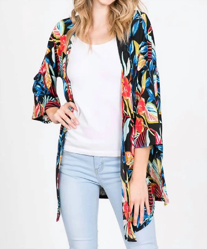Modern Women's Clothes Open Cardigan With Side Slit In Tropical Floral