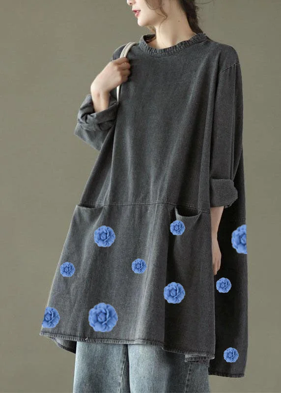 New Arrival Discount Boho Black Grey-blue flower O-Neck Pockets Denim Long Dresses Long Sleeve