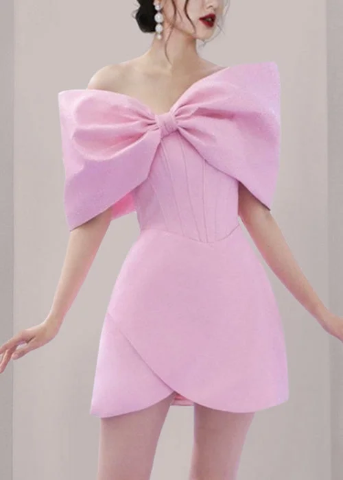 Fashion Deal Elegant Pink Bow Solid Cotton Mid Dress Summer