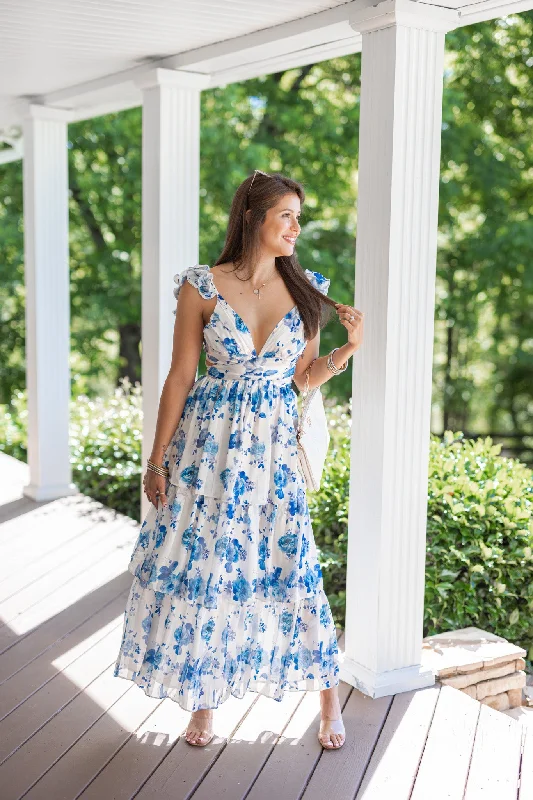 You'Ll Love Us Because Satin Florals Blue Maxi Dress