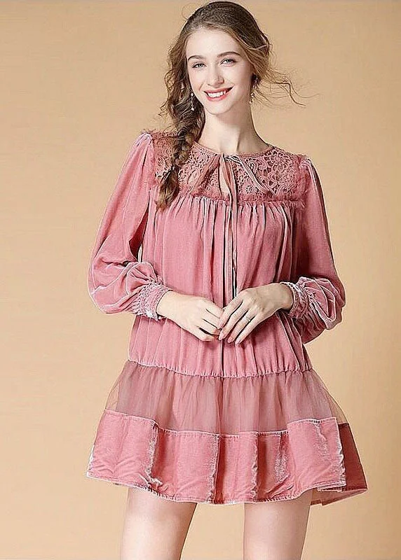 Chic Wardrobe Essentials Beautiful Pink Embroideried Lace Up Patchwork Velour Dress Spring