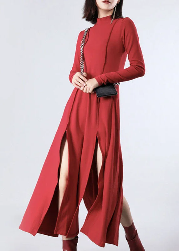 Women's Party Clothes Italian Red Stand Patchwork Asymmetrical Design Fall Dresses Long sleeve Women's Party Clothes Italian Red Stand Patchwork Asymmetrical Design Fall Dresses Long sleeve
