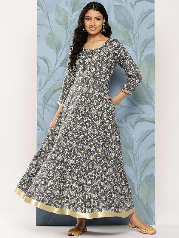 All Season Fashion Collection Grey Printed Rayon Fit and Flare Dress