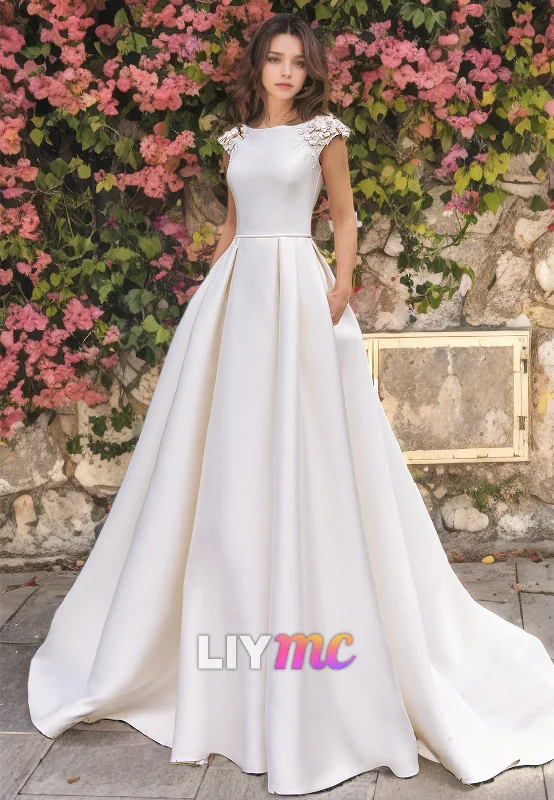 Women's Tops And Clothing Scoop Cap Sleeves Appliques Sleek Satin Pleated A-Line Wedding Dress Women's Tops And Clothing Scoop Cap Sleeves Appliques Sleek Satin Pleated A-Line Wedding Dress