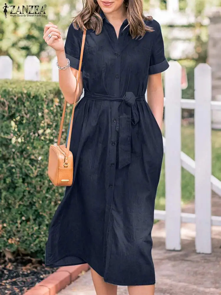 Stylish Clothes For Women Fashion Denim Blue OL ShirtMidi Dress Lapel Neck Short Sleeve Midi Dress Stylish Clothes For Women Fashion Denim Blue OL ShirtMidi Dress Lapel Neck Short Sleeve Midi Dress