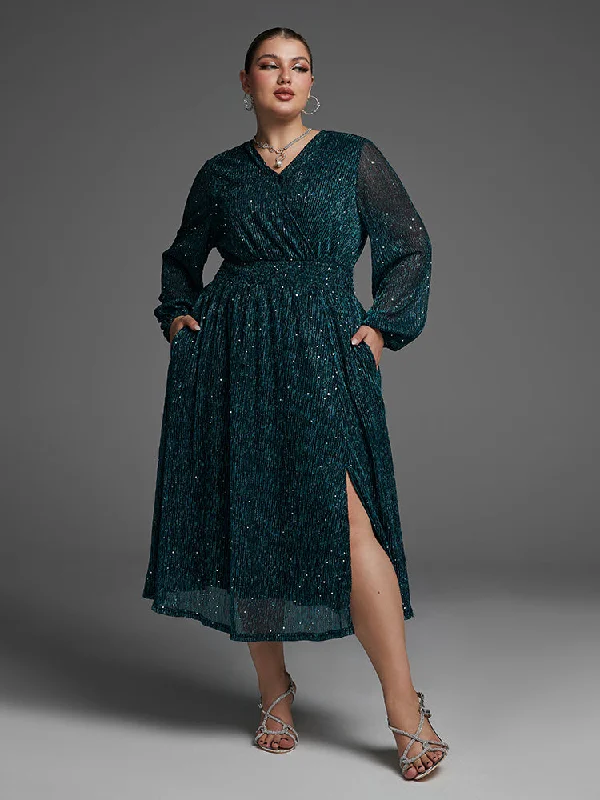 Women's Casual Wear Clothes Pocket Elastic Waist Split Sequin Dress