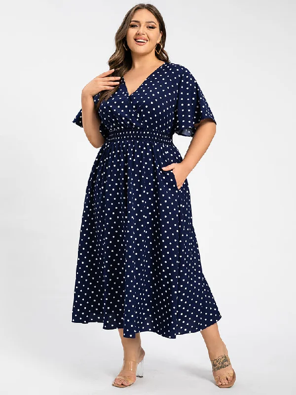 Women's Transitional Clothes Plus Polka Dot Crisscross V-Neck Elastic Waist Ruffle Hem Maxi Dress