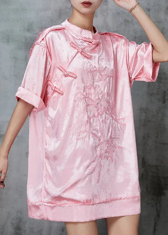 Relaxed Style Beautiful Pink Embroidered Chinese Button Silk Mini Dress Spring