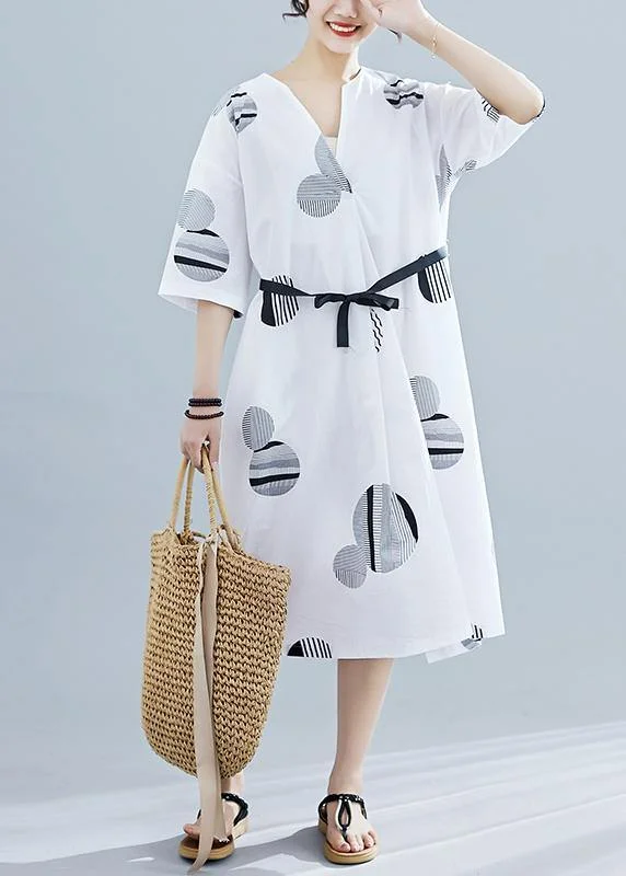 Women's Evening Clothes Loose v neck half sleeve linen Tunics Neckline white dotted Dress summer Women's Evening Clothes Loose v neck half sleeve linen Tunics Neckline white dotted Dress summer