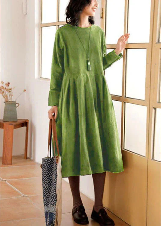 Chic Casual Wardrobe Essentials French Green Plus Size Corduroy Dress Pockets Button Patchwork Fall Dresses