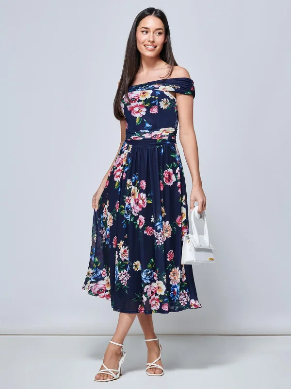 Women's Transitional Clothes Rawiya Bardot Neck Mesh Dress, Navy Floral