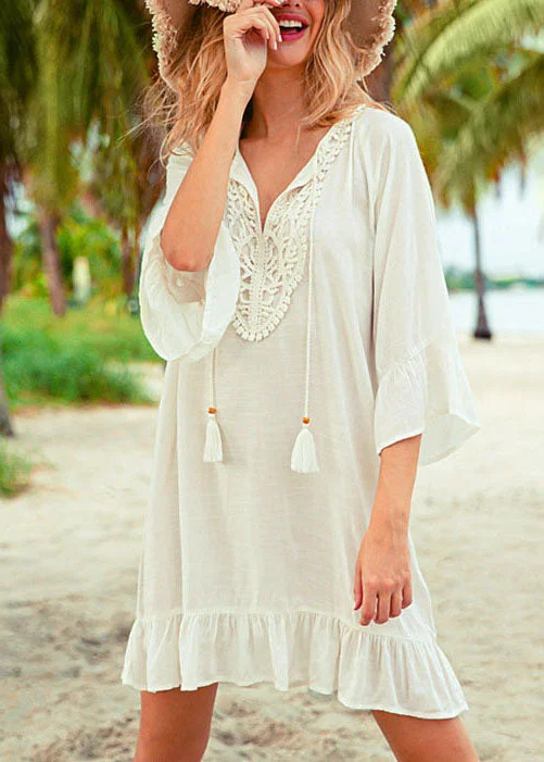 Vintage Clothing For Women Loose White Patchwork Hollow Out flare sleeve Mini Dress Summer Cotton Dress Vintage Clothing For Women Loose White Patchwork Hollow Out flare sleeve Mini Dress Summer Cotton Dress