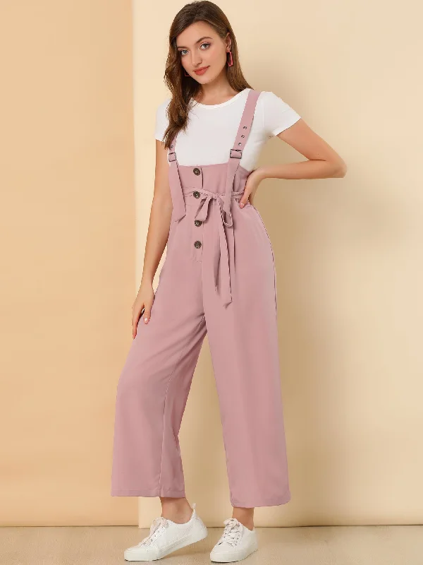 Workwear Fashion for Women High Waist Wide Leg Belted Jumpsuit Button Long Overalls