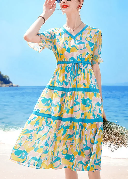 Vintage-Inspired Women's Clothes Beautiful Lake Blue V Neck Drawstring Print Chiffon Beach Dresses Short Sleeve Vintage-Inspired Women's Clothes Beautiful Lake Blue V Neck Drawstring Print Chiffon Beach Dresses Short Sleeve