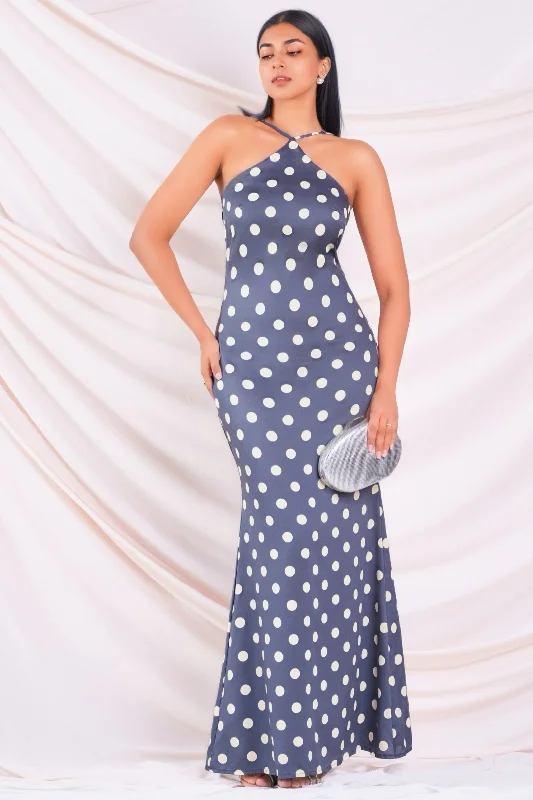 Women's Elegant Clothes Blue Polka Maxi Dress
