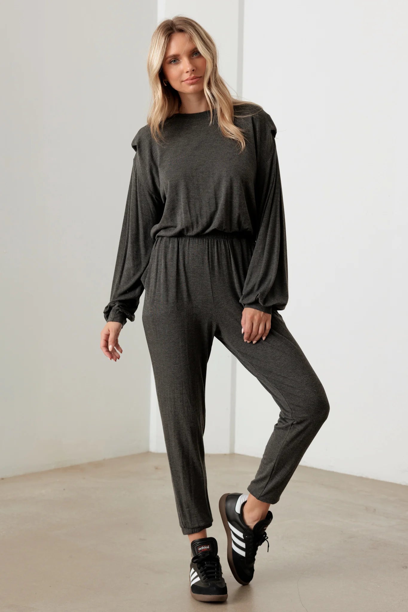 Comfort First Women's Fashion Long Sleeve Shoulder Pad  Elastic Waist Jumpsuit