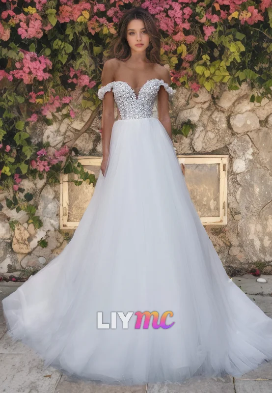 Classic Women's Clothing Styles Off-Shoulder Strapless Floral Embellished Tulle A-Line Weding Dress Classic Women's Clothing Styles Off-Shoulder Strapless Floral Embellished Tulle A-Line Weding Dress