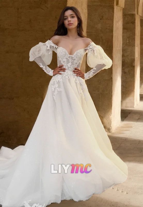 Women's Vintage-Inspired Clothing Off-Shoulder Long Sleeves Appliques Tulle A-Line Wedding Dress Women's Vintage-Inspired Clothing Off-Shoulder Long Sleeves Appliques Tulle A-Line Wedding Dress