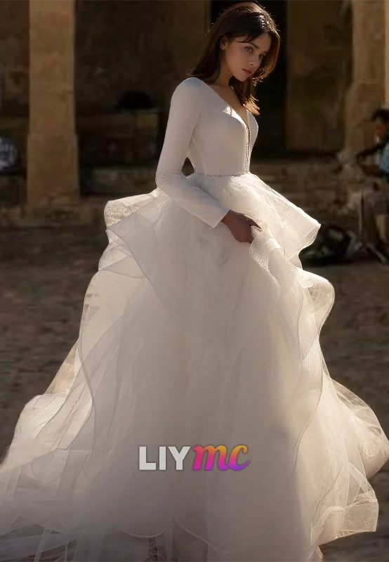Women's Clothing For Work V-Neck Long Sleeves Tiered Ball Gown A-Line Wedding Dress Women's Clothing For Work V-Neck Long Sleeves Tiered Ball Gown A-Line Wedding Dress