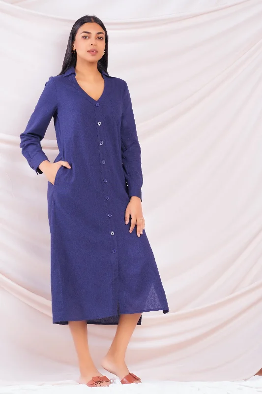 Women's Clothing For Outdoor Events Navy Midi Shirt Dress