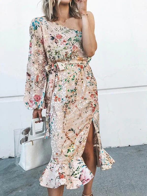 Women's Night-Out Clothes Printed Sloping Shoulder Slit Ruffle Dress