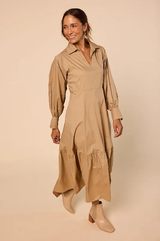 Women's Relaxed Clothes Sabre V-Neck Dress in Camel
