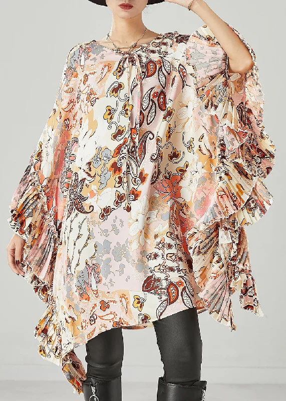 Sustainable Women's Clothing Art Apricot Print Ruffles Chiffon Maxi Dress Batwing Sleeve Sustainable Women's Clothing Art Apricot Print Ruffles Chiffon Maxi Dress Batwing Sleeve