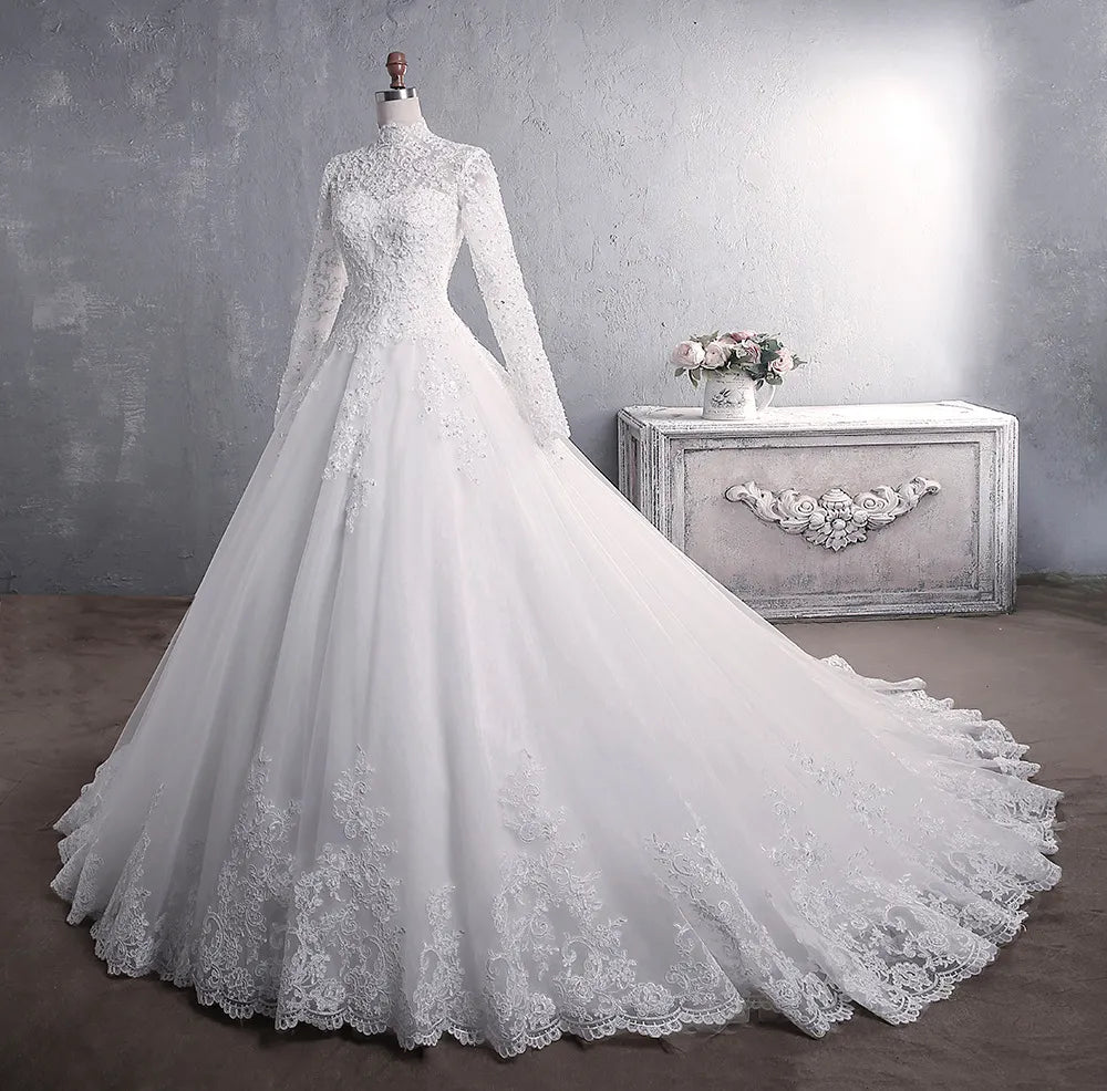 Women's Holiday Clothing Muslim Wedding Dress Elegant High Neck With Train Princess Bride Dress Luxury Lace Embroidery Wedding Gown Vestido De Noiva Women's Holiday Clothing Muslim Wedding Dress Elegant High Neck With Train Princess Bride Dress Luxury Lace Embroidery Wedding Gown Vestido De Noiva