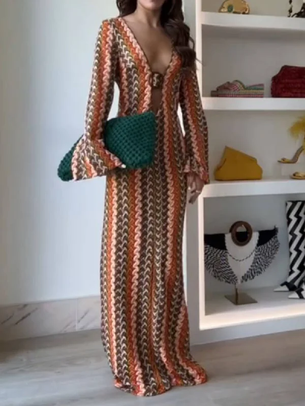 Comfortable Women's Clothing Orange Soda Stripe Print O-Ring Trendy Long Sleeve Beach Maxi Dress Comfortable Women's Clothing Orange Soda Stripe Print O-Ring Trendy Long Sleeve Beach Maxi Dress