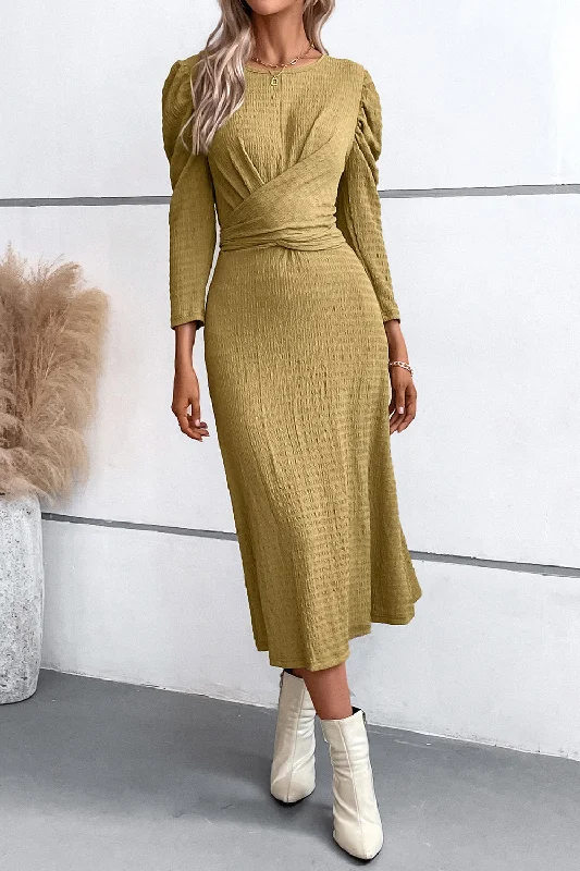 Top Deals Crisscross Tied Puff  Casual Long Sleeve Midi Dress