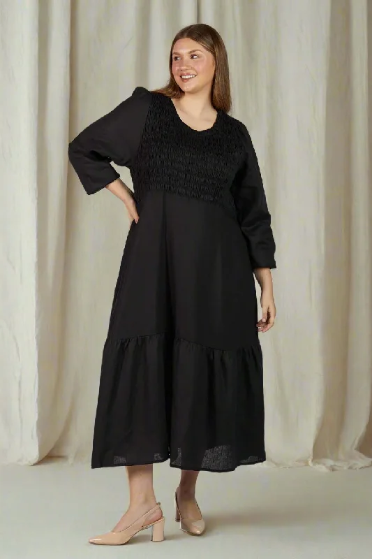 Classic Women's Clothing Styles Minden Linen Long Sleeve Shirred Dress in Black
