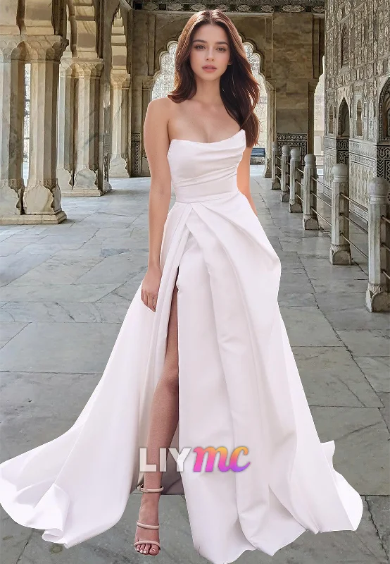 Vintage Clothing For Women LW029 - A line Strapless Satin Wedding Dress with Slit