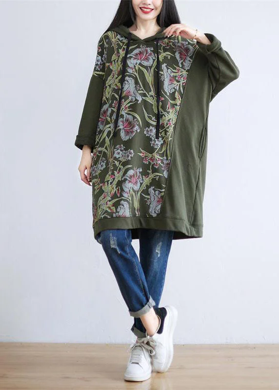 Redefining Women's Style Unique Tea Green Hooded Print Cotton Shift Dress Spring