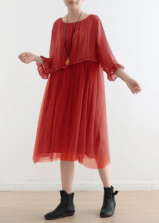 Online Clothing Stores Elegant Red Tulle Patchwork Midi Summer Dress 2023 New