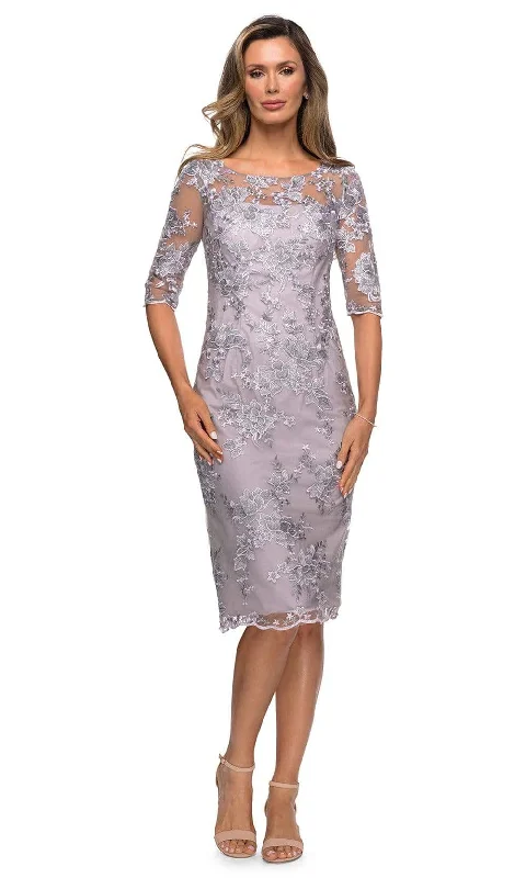 Style Revolution La Femme - Sheer Neckline and Sleeves Floral Lace Sheath Knee-Length Dress 27895SC