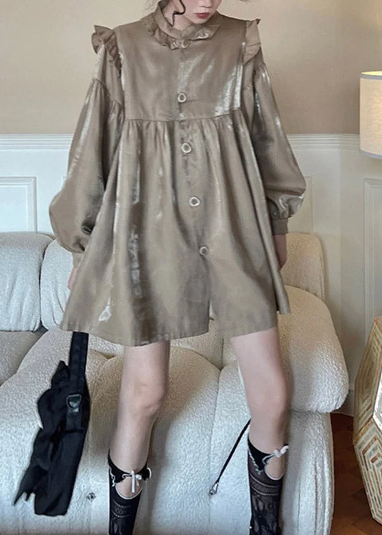 Laid-Back Elegance Boho LAight Chocolate Stand Collar Patchwork Ruffled Wrinkled Button Mid Dress Long Sleeve