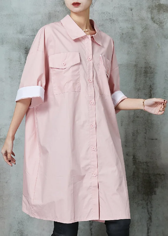 Edgy Fashion Simple Pink Oversized Cotton Shirt Dress Spring