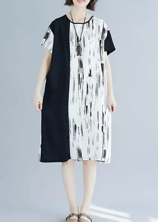 Affordable Trendy Clothes For Women Chic white patchwork linen quilting clothes o neck Midi summer Dress
