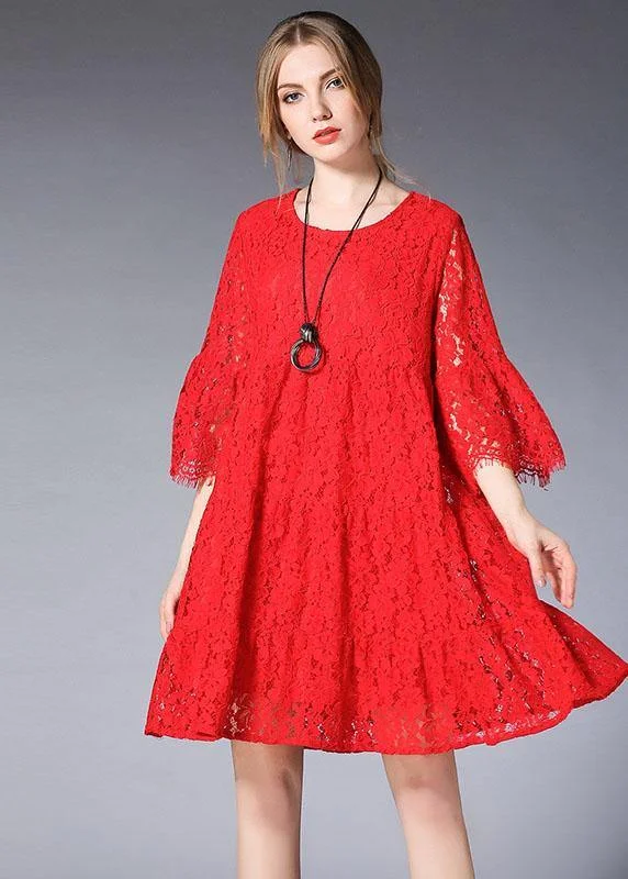 Women's Formal Clothes Loose Red Solid Wrinkled Spring Half Sleeve Dresses