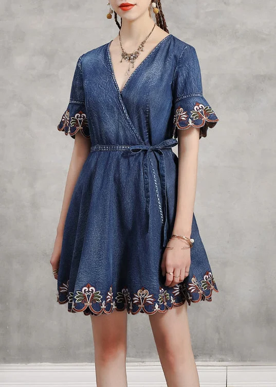 Women's Cozy Clothes Unique Blue tie waist V Neck Embroideried Cotton Denim Dress flare sleeve Women's Cozy Clothes Unique Blue tie waist V Neck Embroideried Cotton Denim Dress flare sleeve