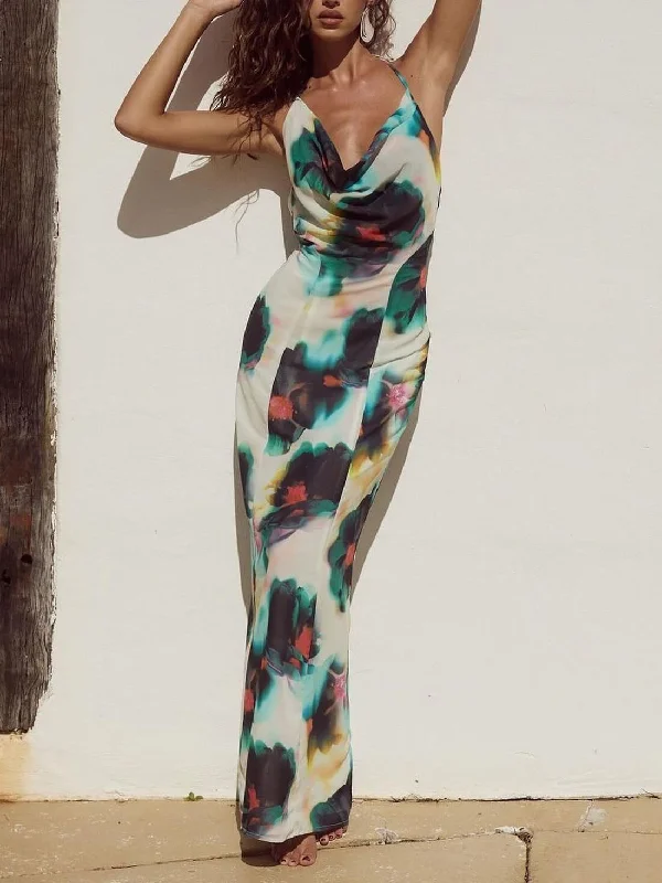 Women's Elegant Clothes Halter Neck Tie Resort Graceful Style Print Mixi Dress