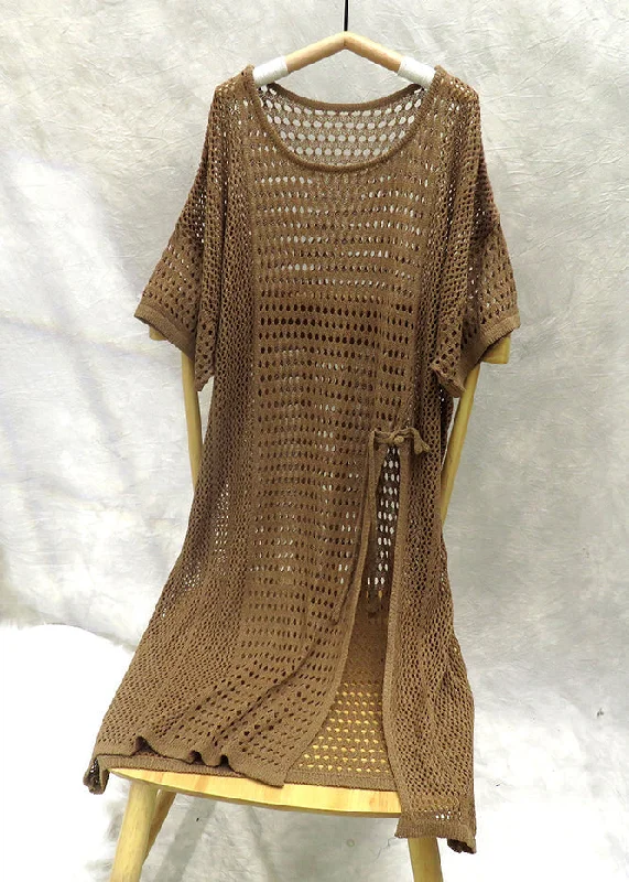 Casual Chic New Coffee O Neck Hollow Out Side Open Knit Mid Dress Summer