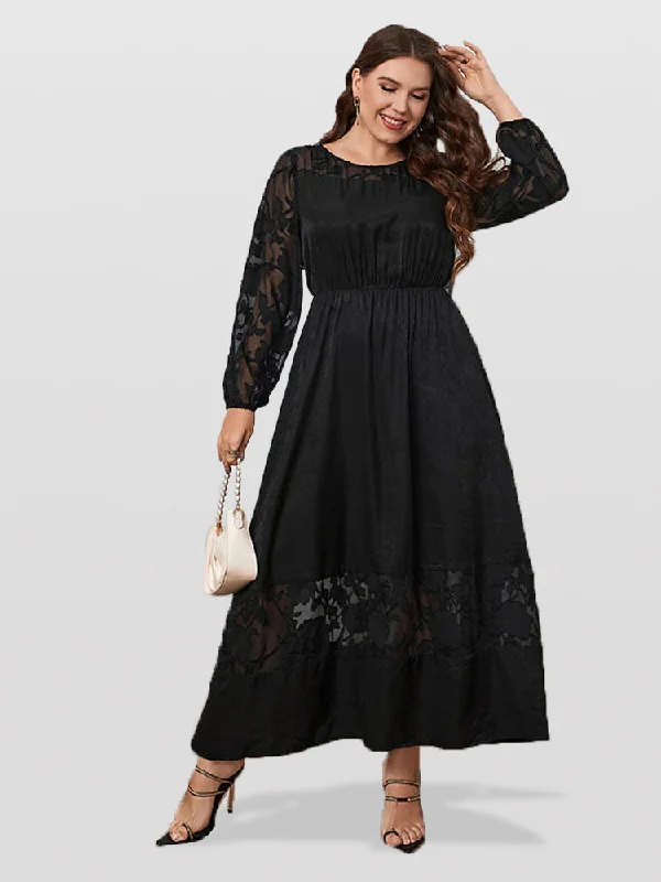 Timeless Women's Clothes Plus Black Floral Jacquard Mesh Patchwork Maxi Dress