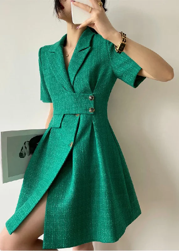 Style Streetwear Boutique Green Peter Pan Collar Side Open Woolen Holiday Cinch Dress Short Sleeve