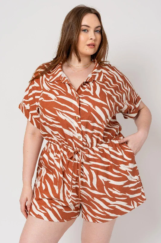 Unbeatable Prices Plus Size Roll-up Sleeve Button Down Abstract Print Romper