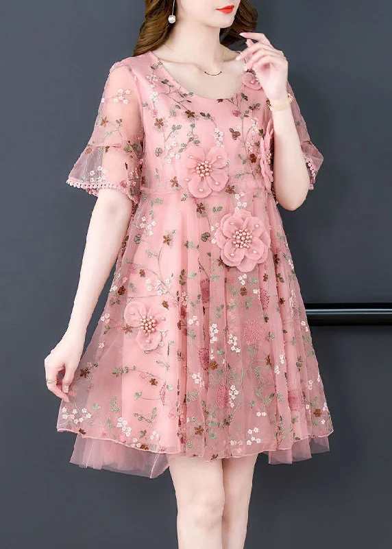 Stylish Dresses for Women Pink Embroidered Tulle Mid Dress O Neck Short Sleeve